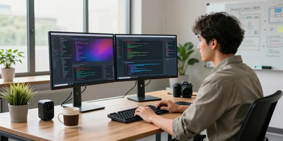 link raja328 software developer coding in a vibrant workspace filled with tech tools