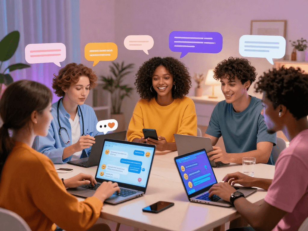 A diverse group enjoying a lively sex AI chat session in a vibrant digital space, enhancing user interaction.