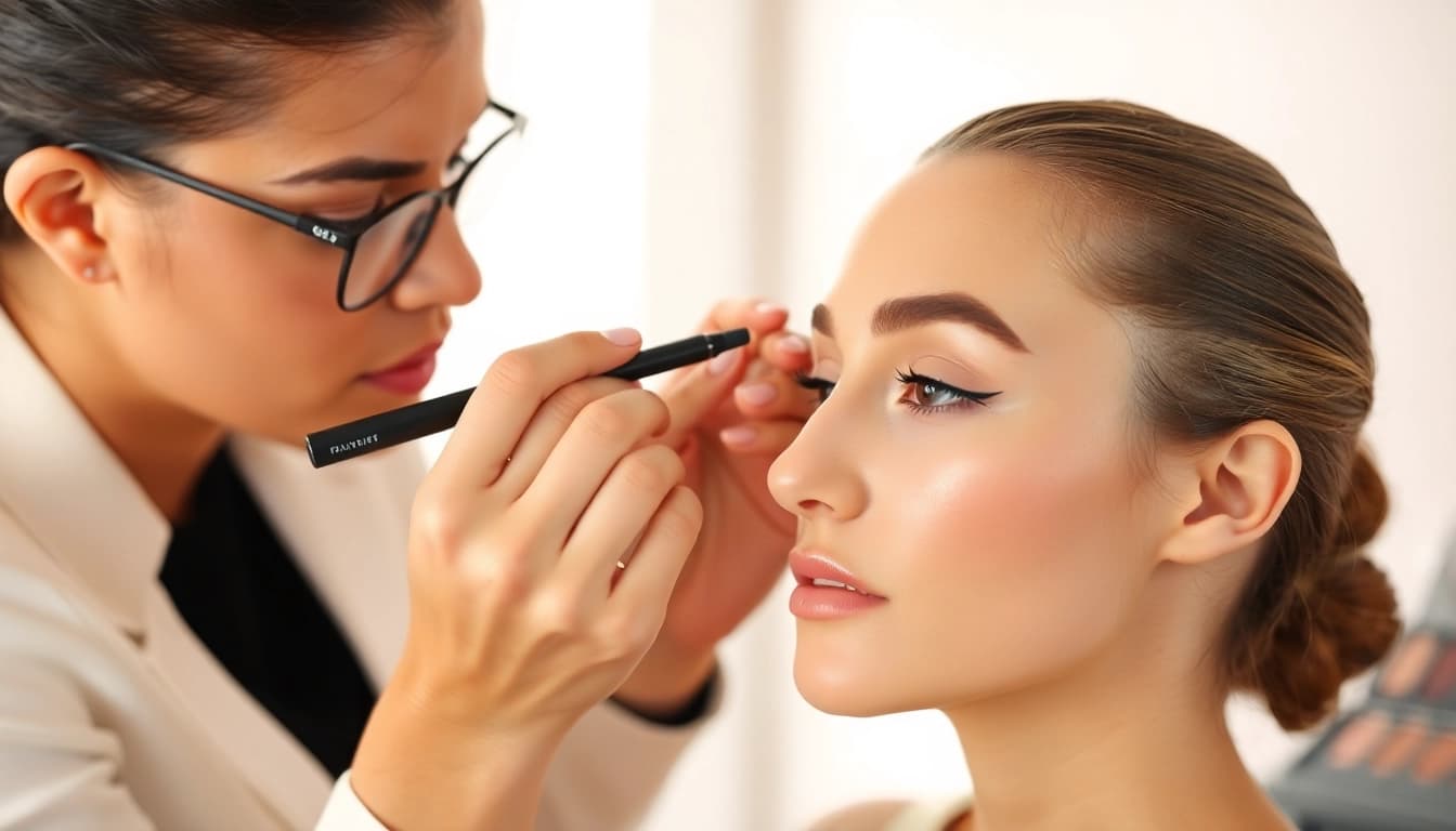 Applying eyeliner stencil for precise makeup application.