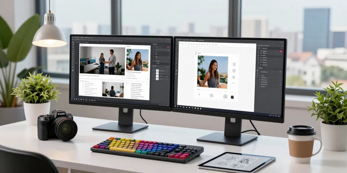 Designer using Snipaste官网 on multiple monitors for efficient screen annotation and collaboration.