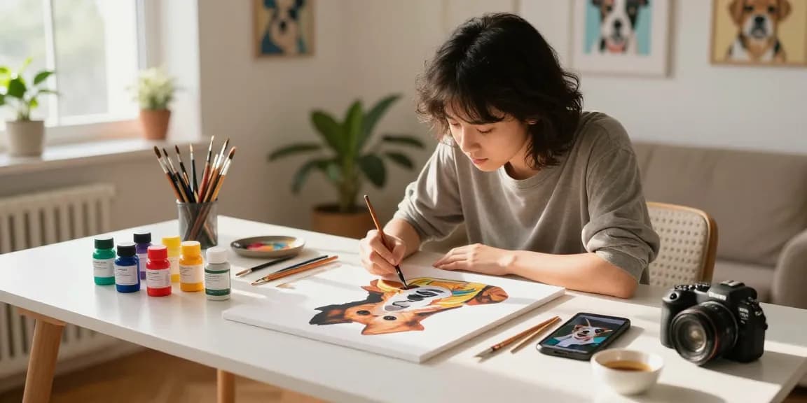 Custom paint by number kit in a bright home studio, showcasing a pet portrait being painted.