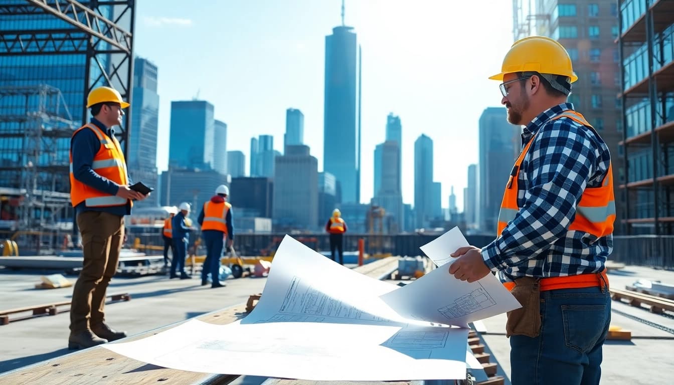 Manhattan Commercial General Contractor managing a busy construction site in front of the Manhattan skyline.