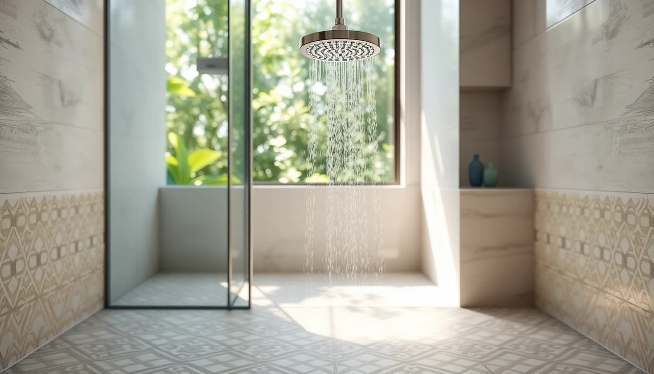 Experience elegant showers Australia in a luxurious bathroom featuring a rainfall shower and modern design elements.