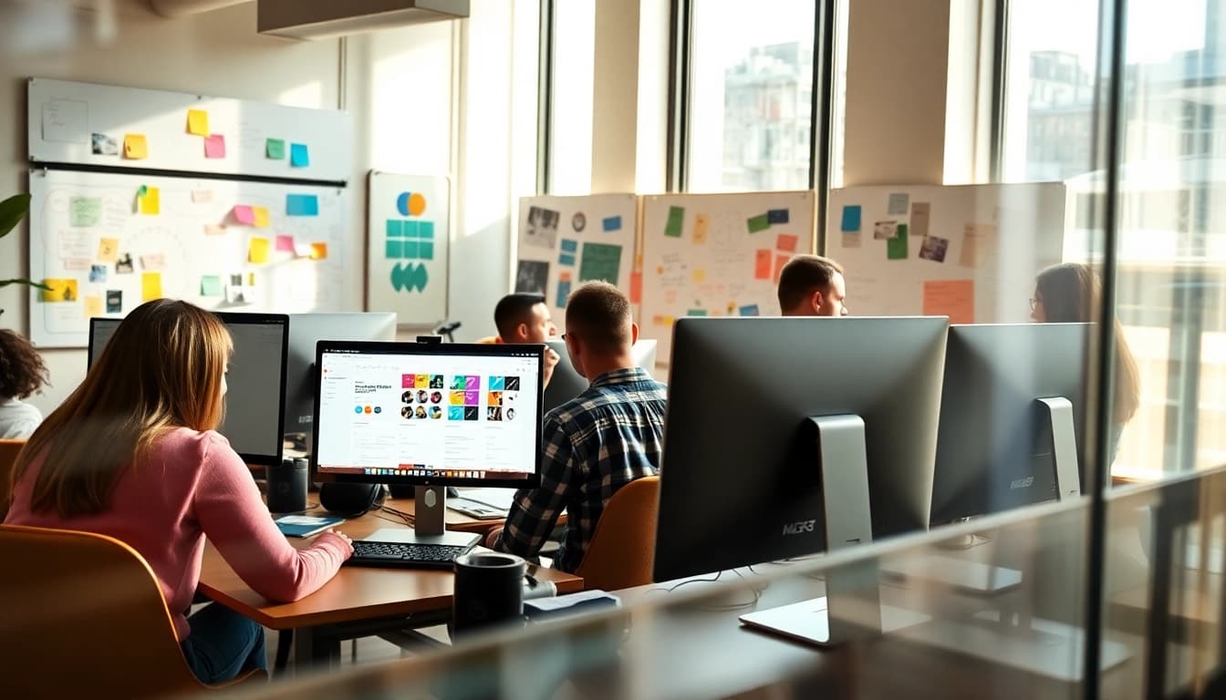Webflow Agentur Team arbeitet an kreativen Webdesign-Projekten in einem modernen Büro.