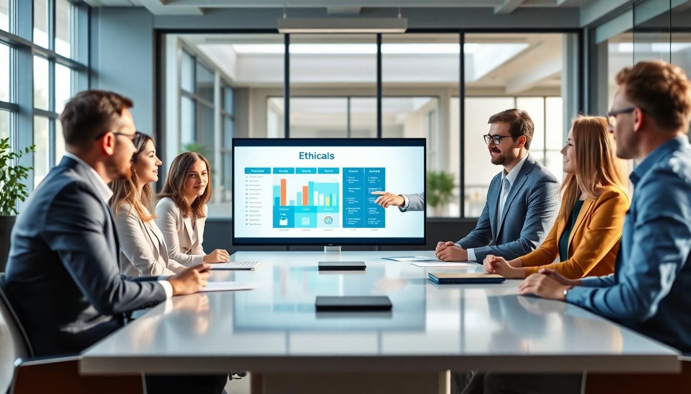 Demonstration of Corporate Ethics through a diverse team discussing in a modern office setting.