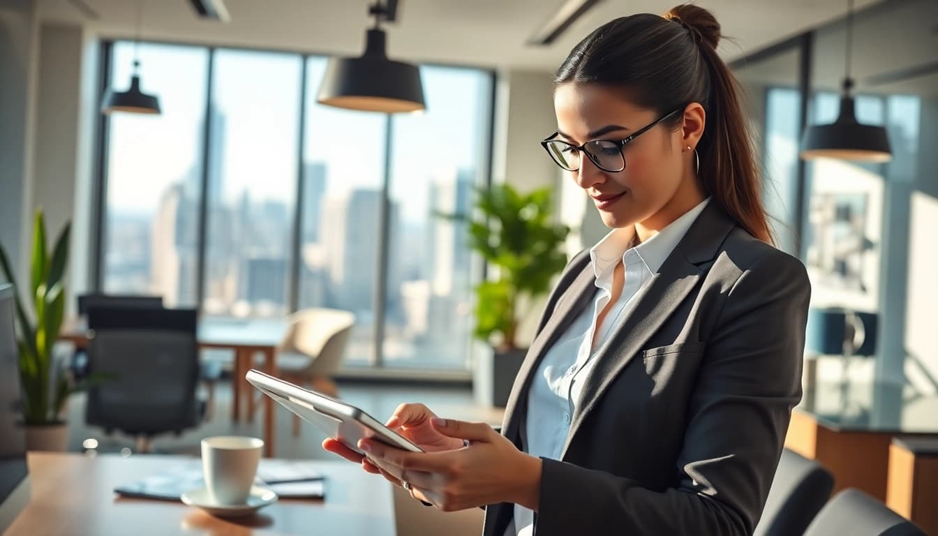 Agent showcasing RE/MAX properties in a vibrant, modern office environment.