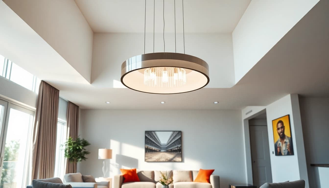 Shop ModernLighting with a sleek fixture illuminating a contemporary living room setting.