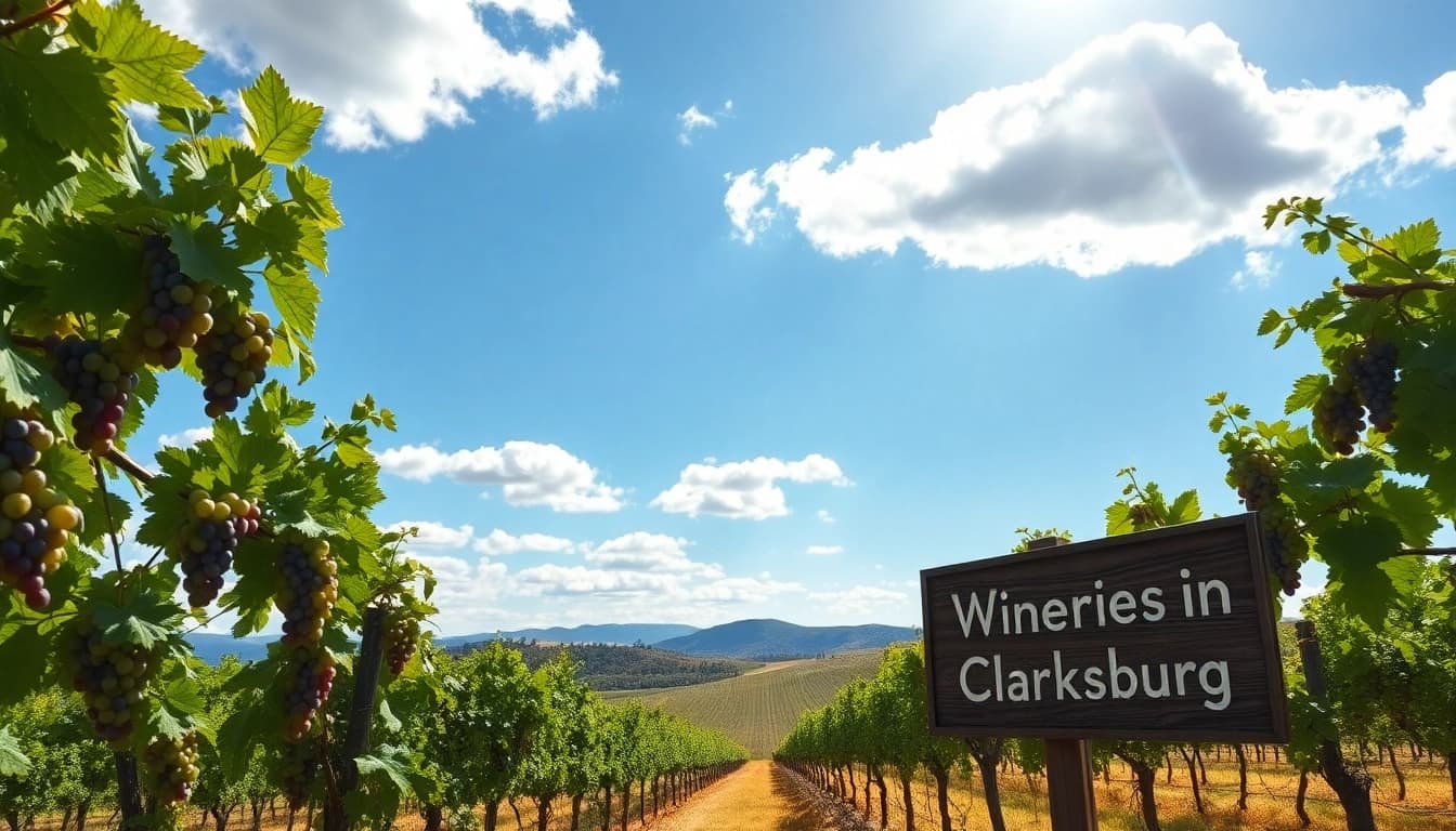 View of vibrant vineyards showcasing wineries in Clarksburg amidst rolling hills and blue skies.