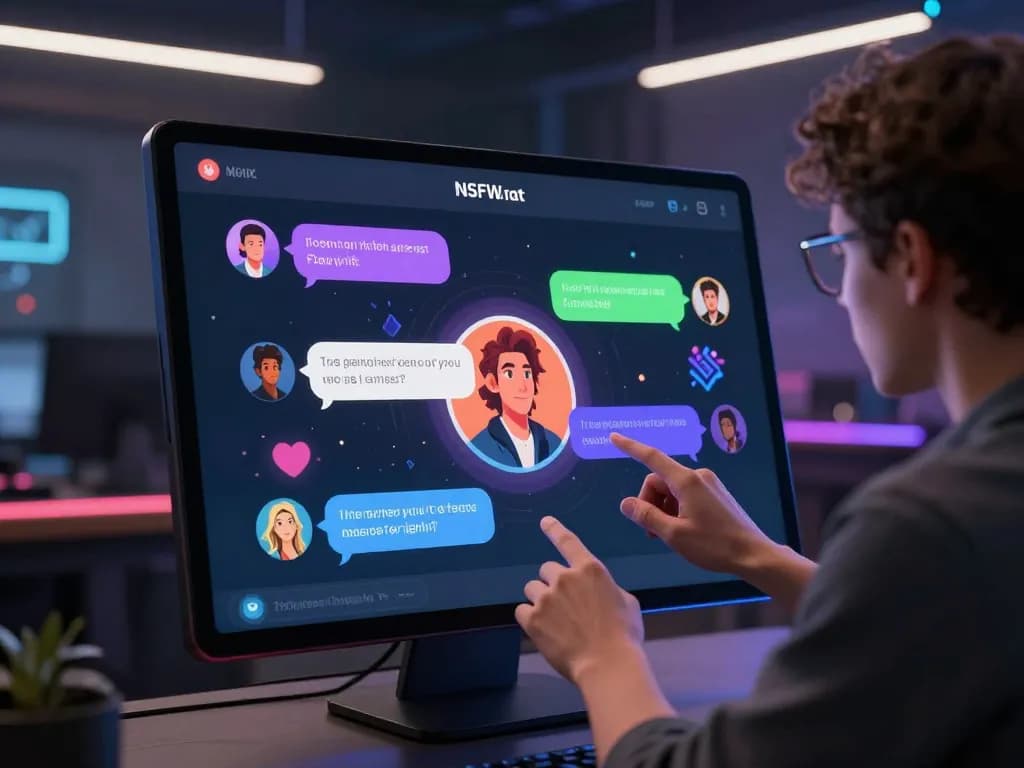 Engaging NSFW AI chat interface with colorful avatars and chat bubbles representing interactive conversations.