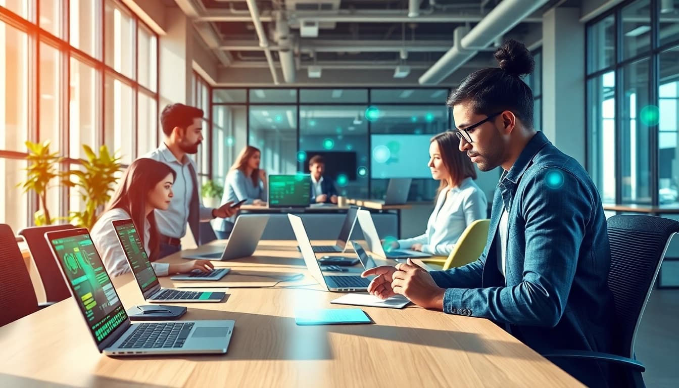 Engage with an AI assistant for enterprise in a collaborative office environment, enhancing productivity.