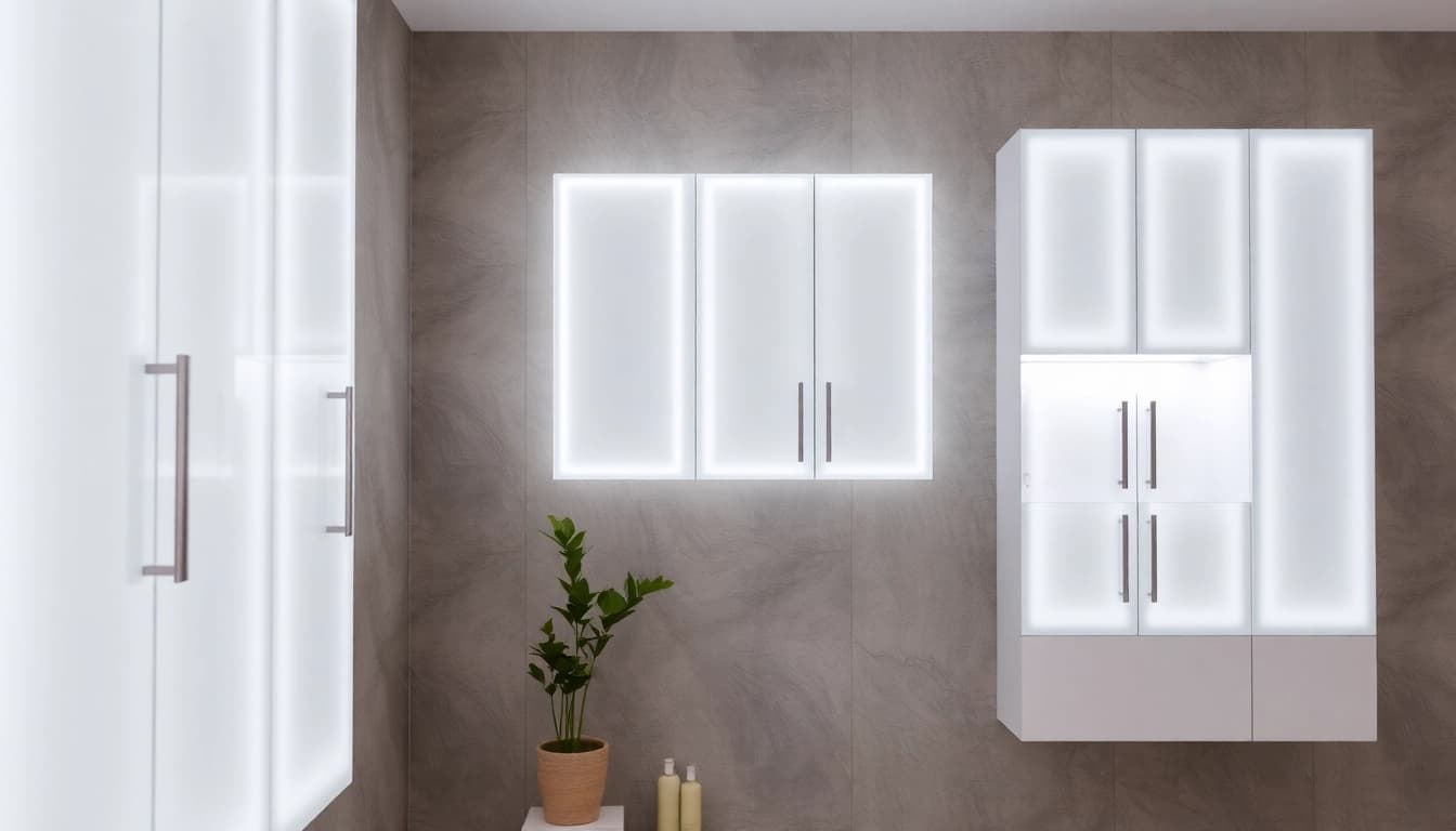 Showcasing illuminated bathroom cabinets that enhance modern bathroom aesthetics.