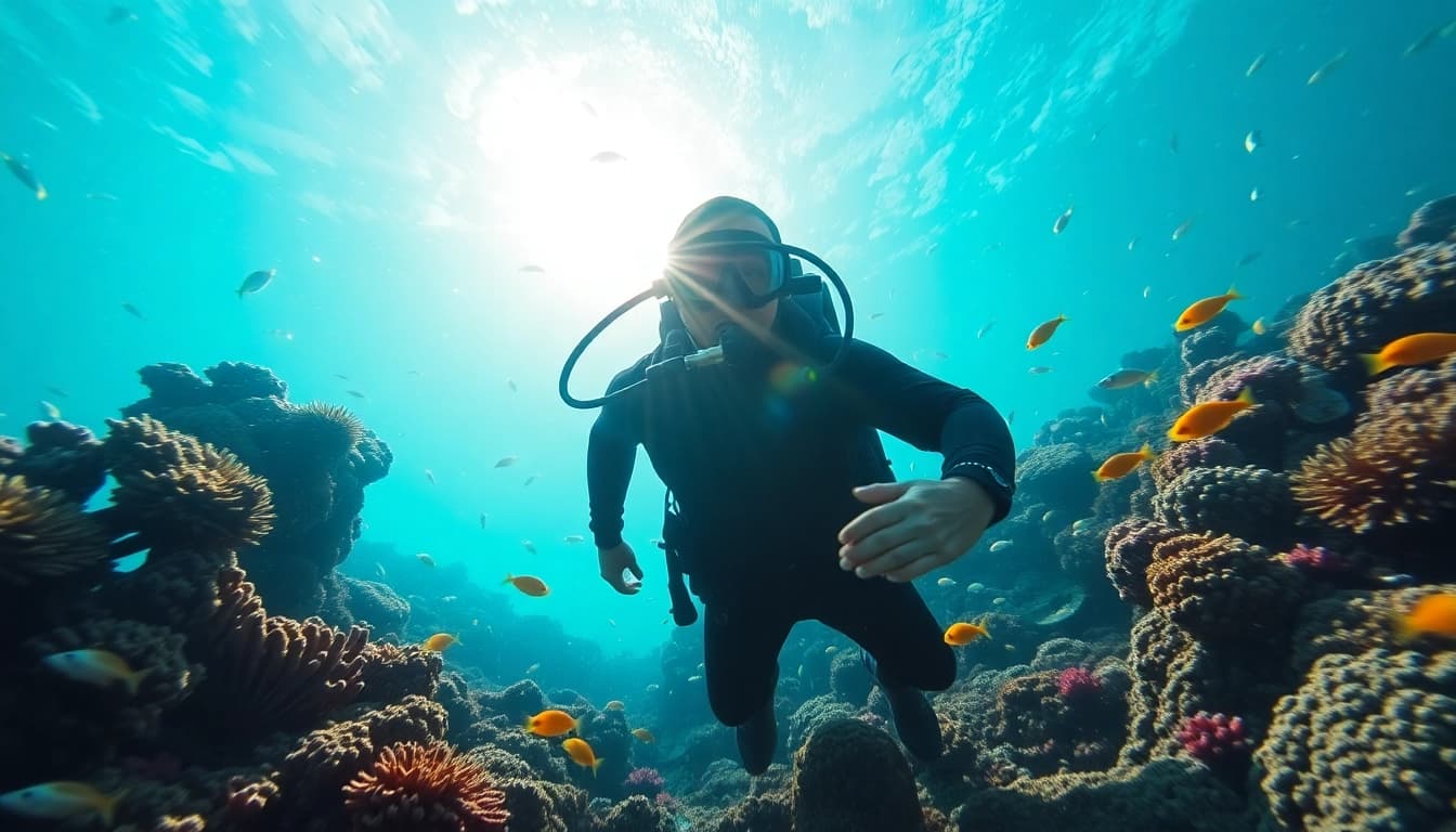 Schnuppertauchen mit einem professionellen Taucher in einem bunten Unterwasser-Riff.