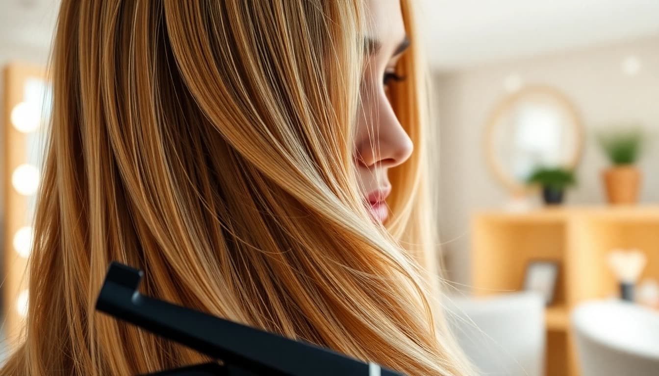 Model flaunting gorgeous genius weft hair extensions in a bright salon environment.