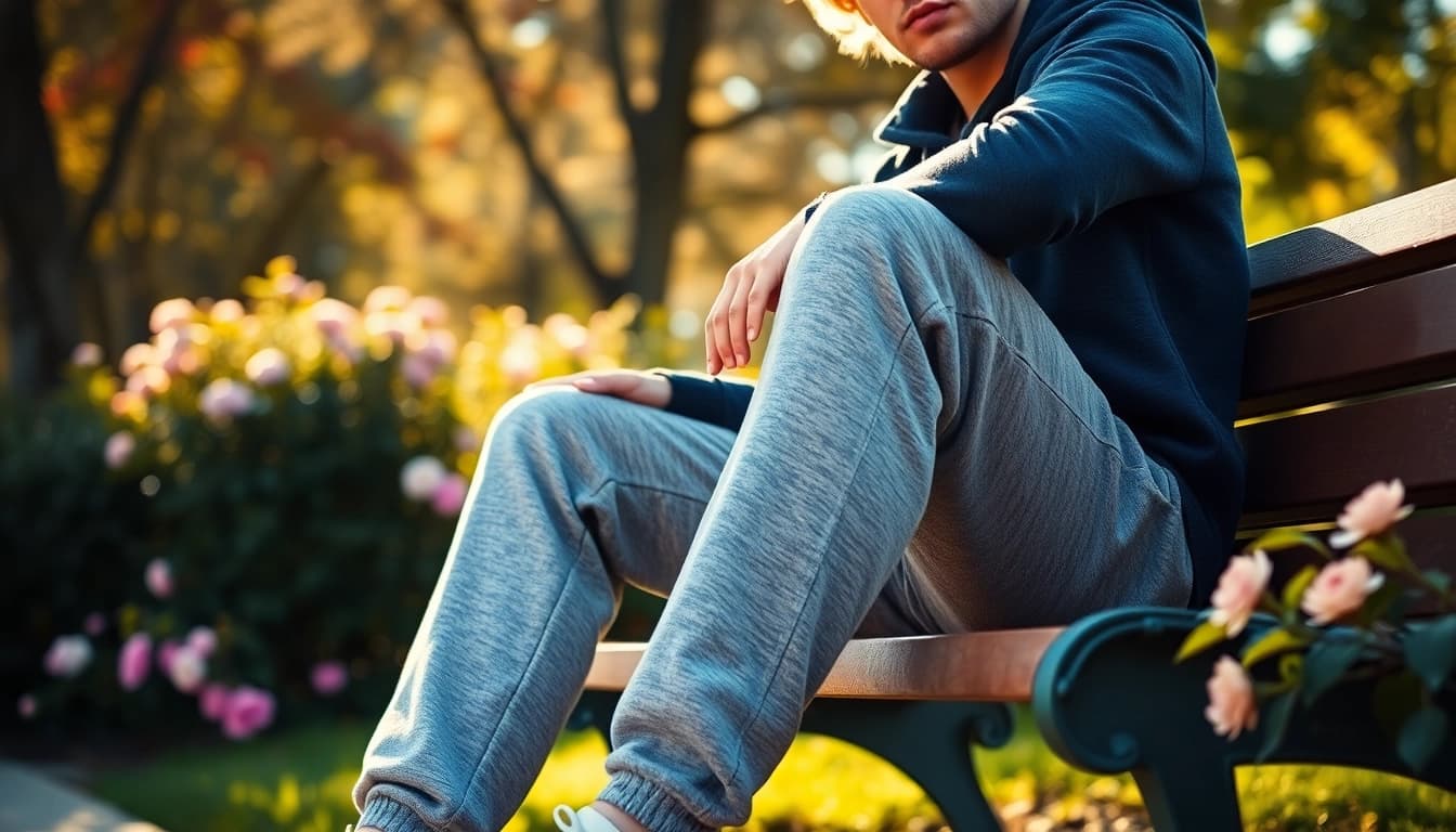 Model relaxing in stylish french terry sweatpants in a sunny park setting.