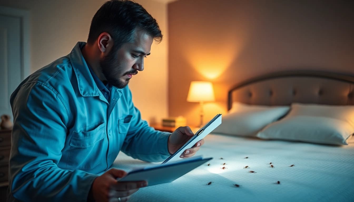 Assessing bed bug exterminator cost with a professional inspecting a bedroom for bed bugs.