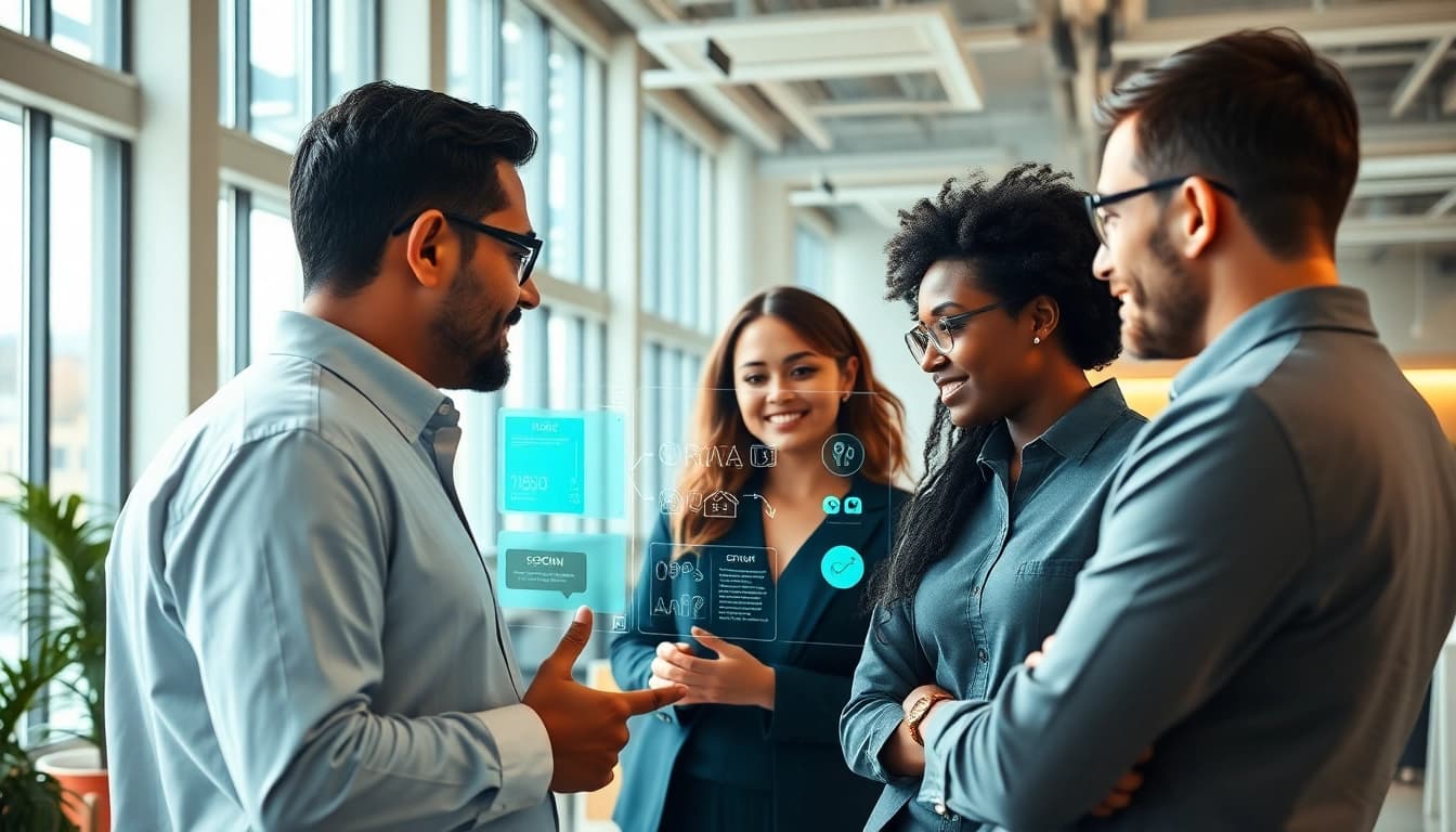 Engaging AI assistant for enterprise optimally supporting a diverse team in a modern workspace.