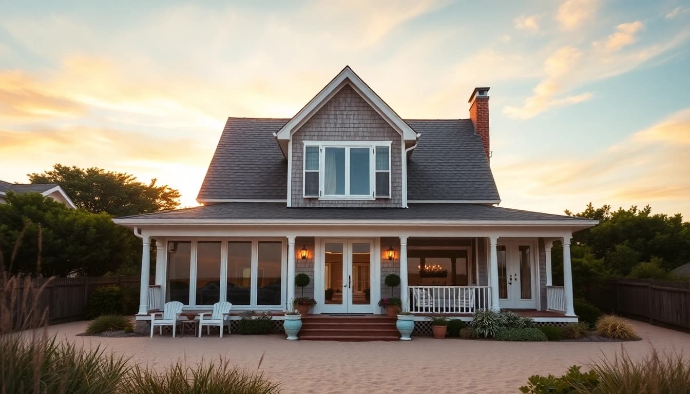 Cape Cod home addition featuring elegant architecture and inviting coastal setting with lush greenery.
