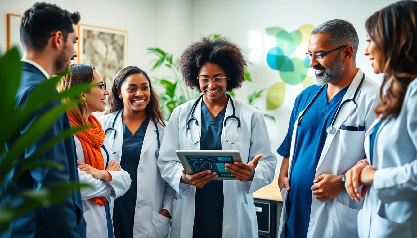 Empathetic healthcare team collaborating on health strategies in a modern clinic setting.