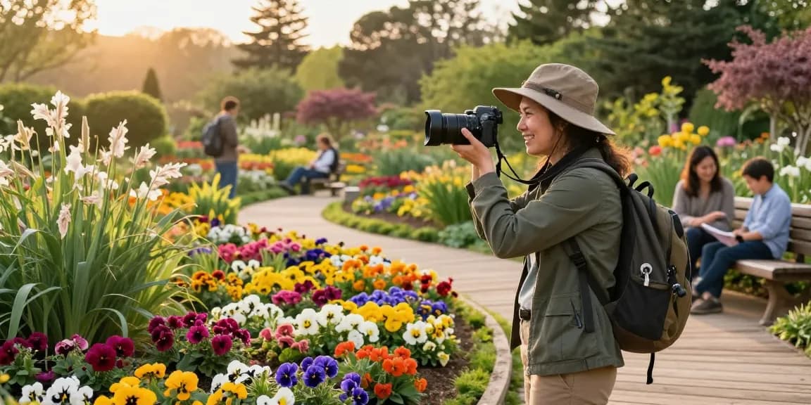 Tourist capturing beautiful moments at https://www.thecapayvalleygardentour.com in a vibrant garden.