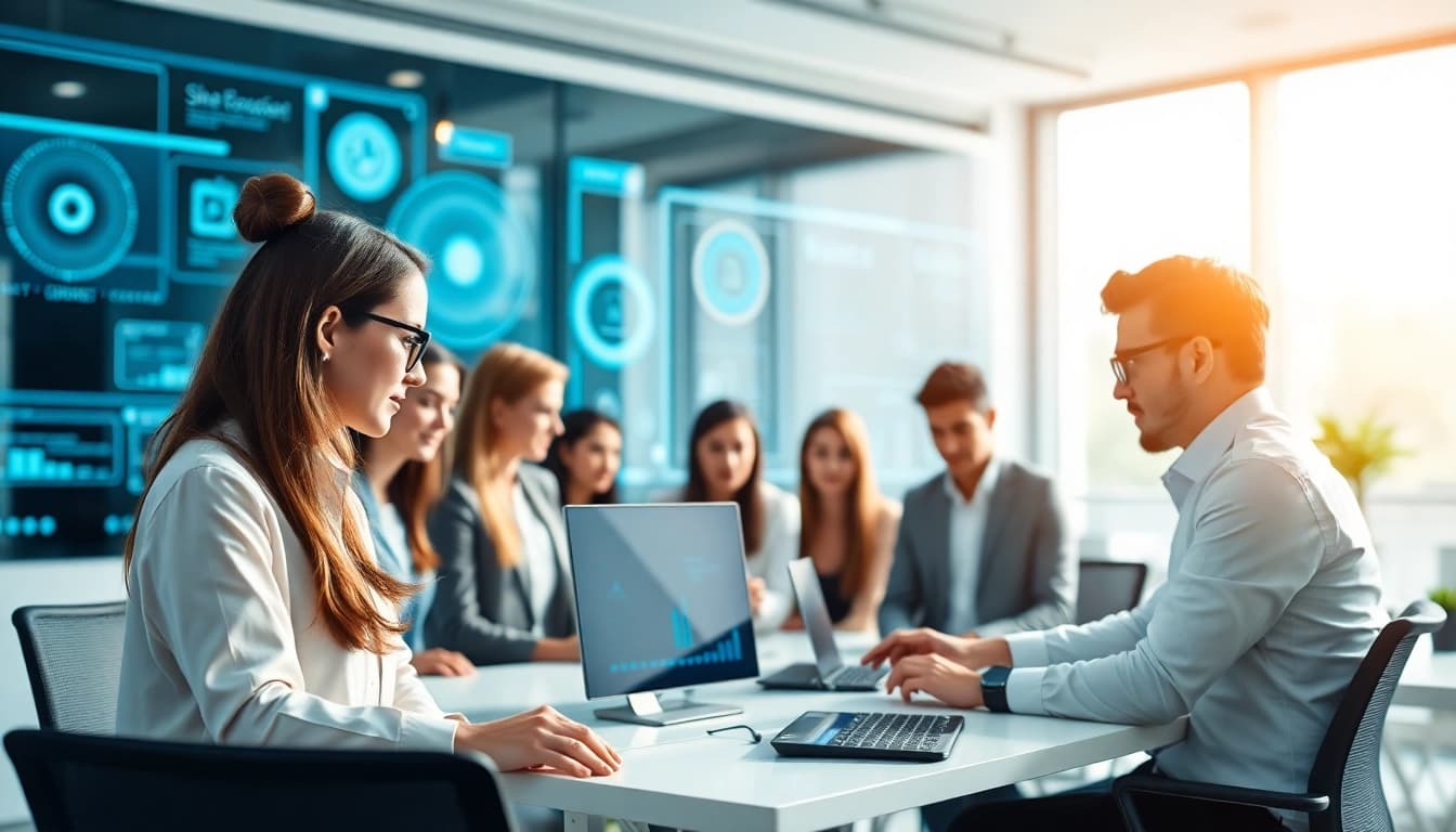 Engaged assistant for enterprise collaborating with a diverse team in a futuristic office.