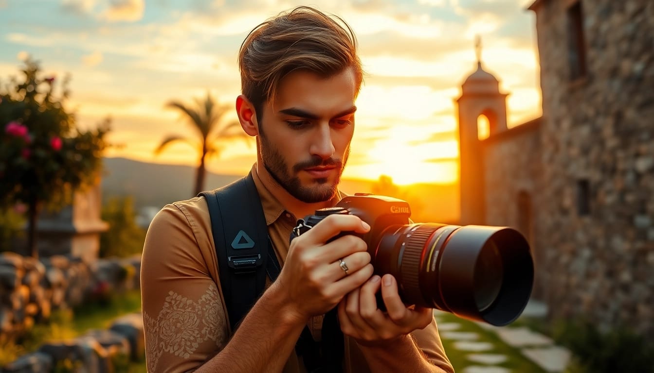 A destination photographer captures the beauty of a sunset at a scenic location.