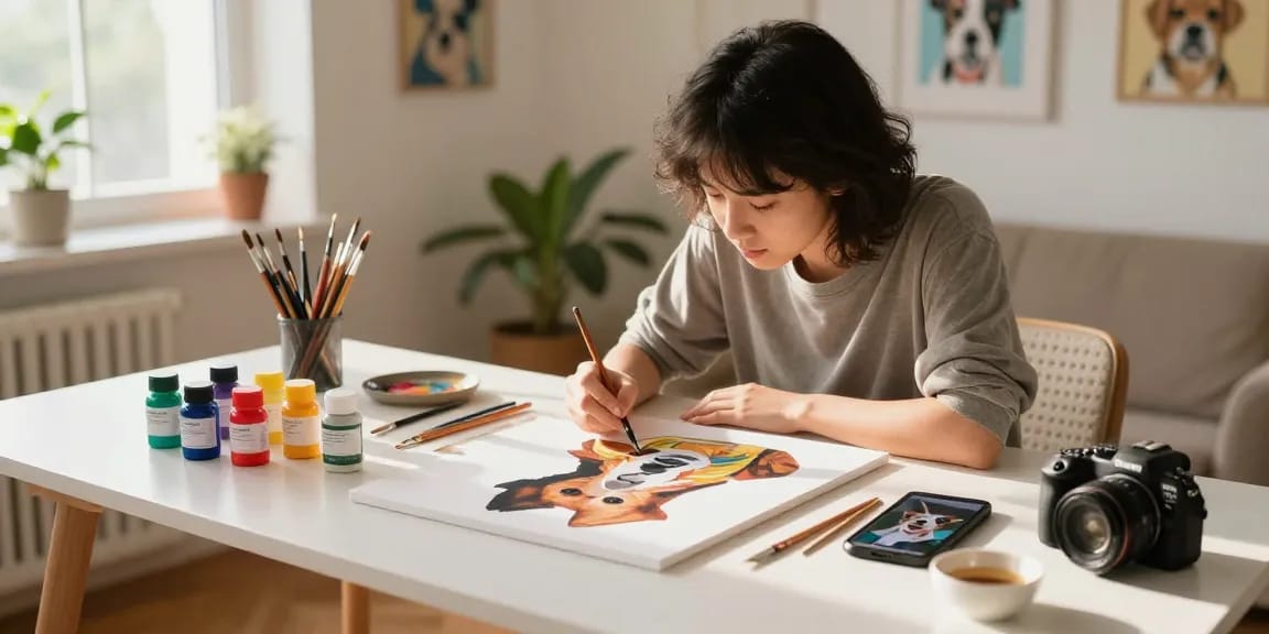 Custom paint by number kit in a bright home studio, showcasing a pet portrait being painted.