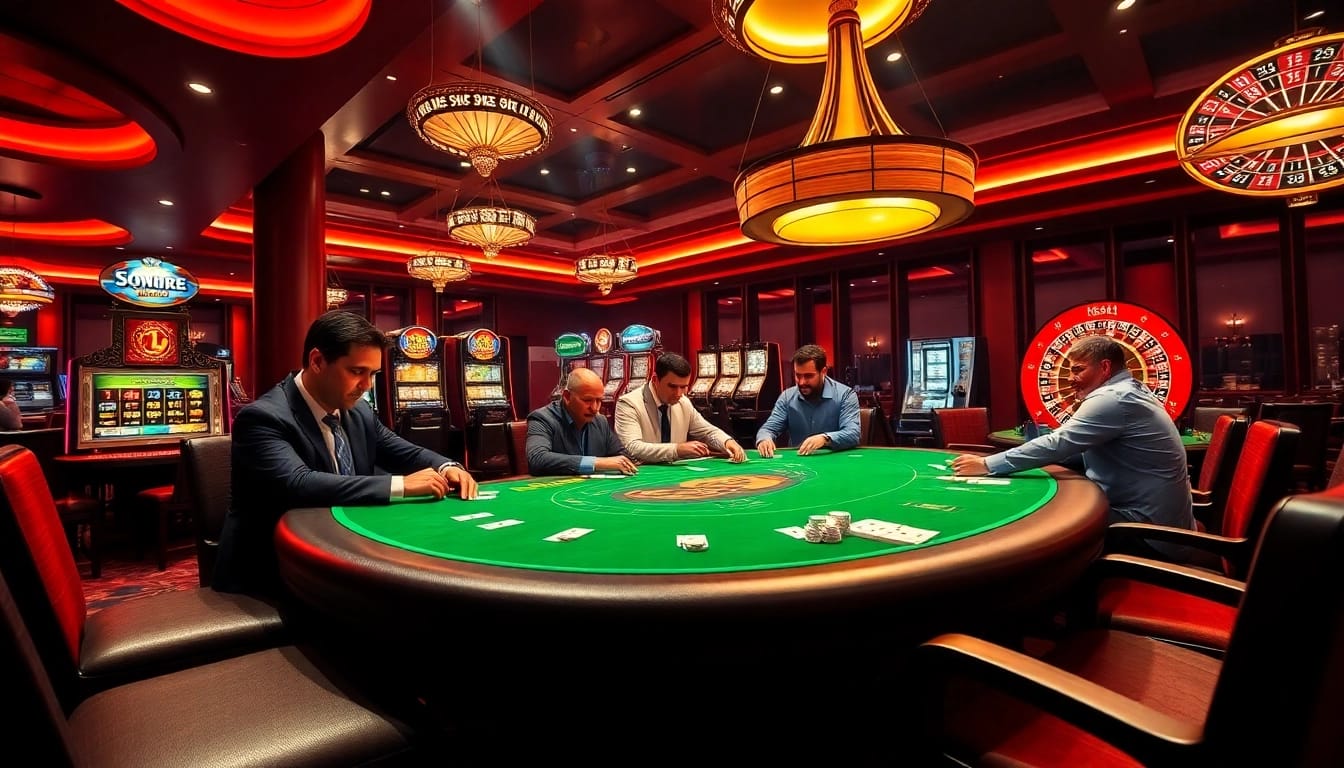Players strategizing at the BJ388 poker table in a luxurious casino atmosphere.