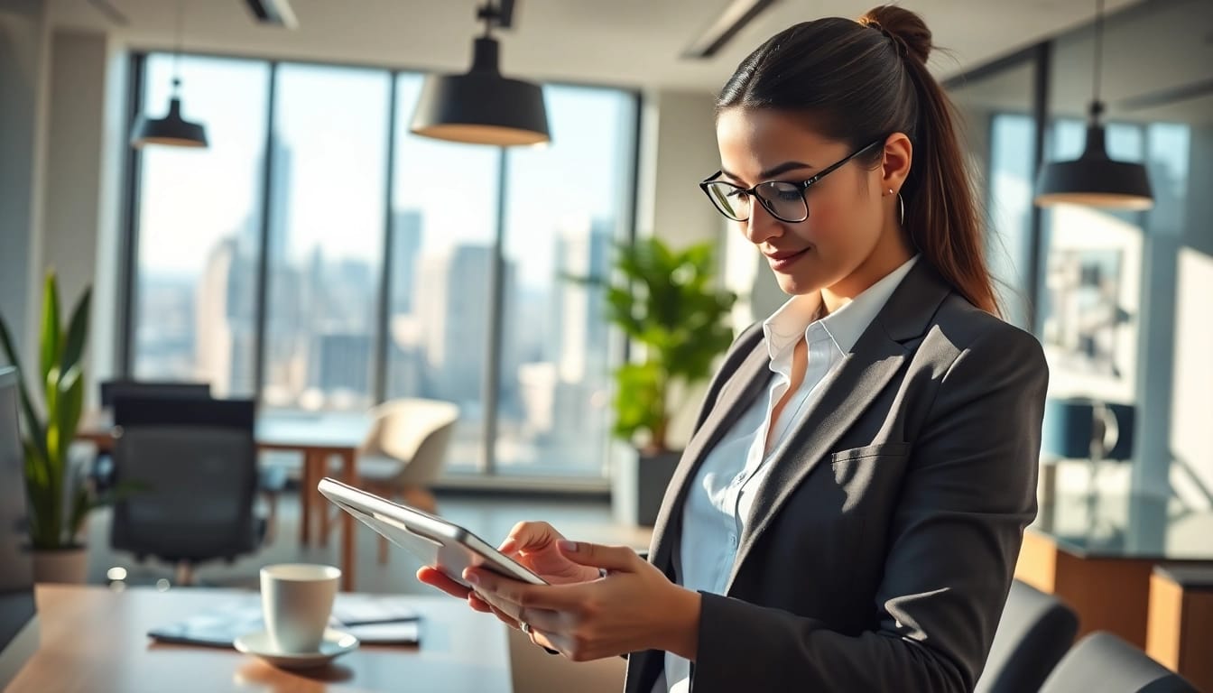 Agent showcasing RE/MAX properties in a vibrant, modern office environment.