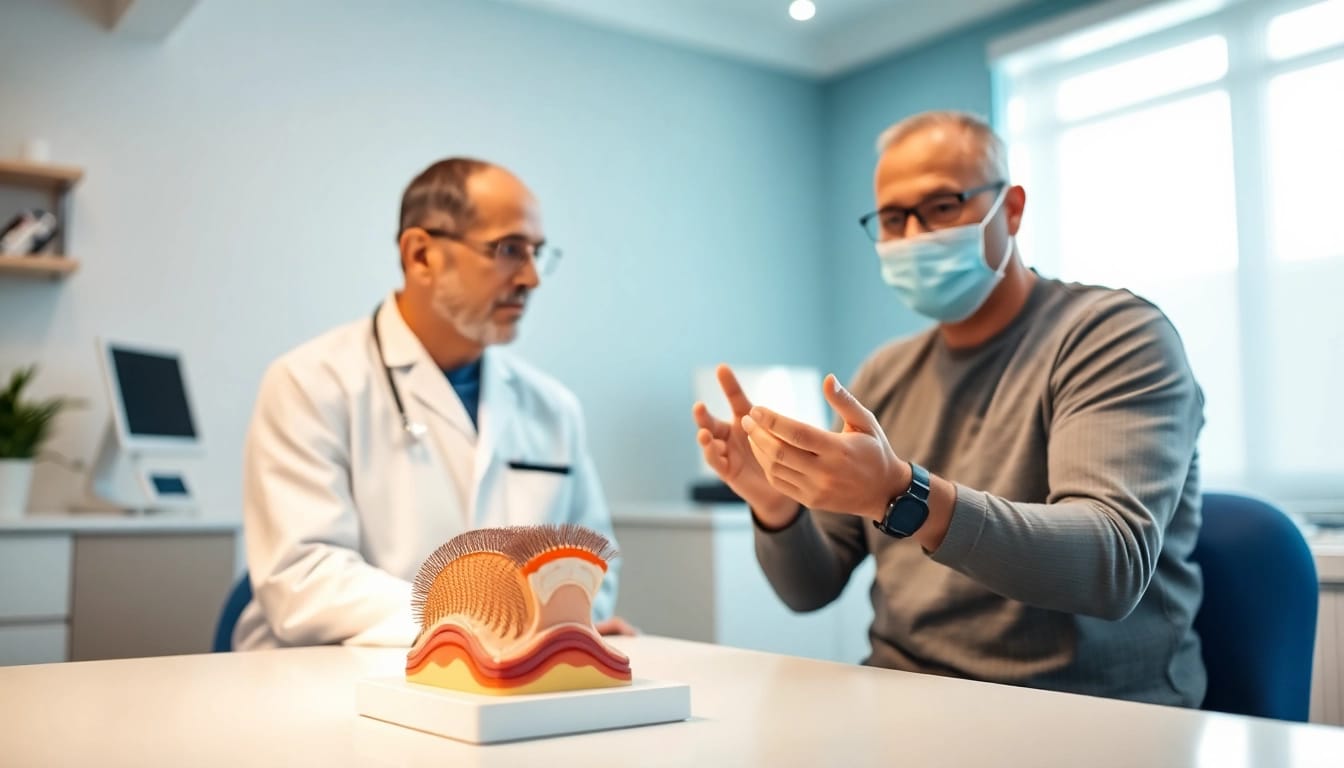 Consultation for a hair transplant in a modern clinic setting with a surgeon and patient.