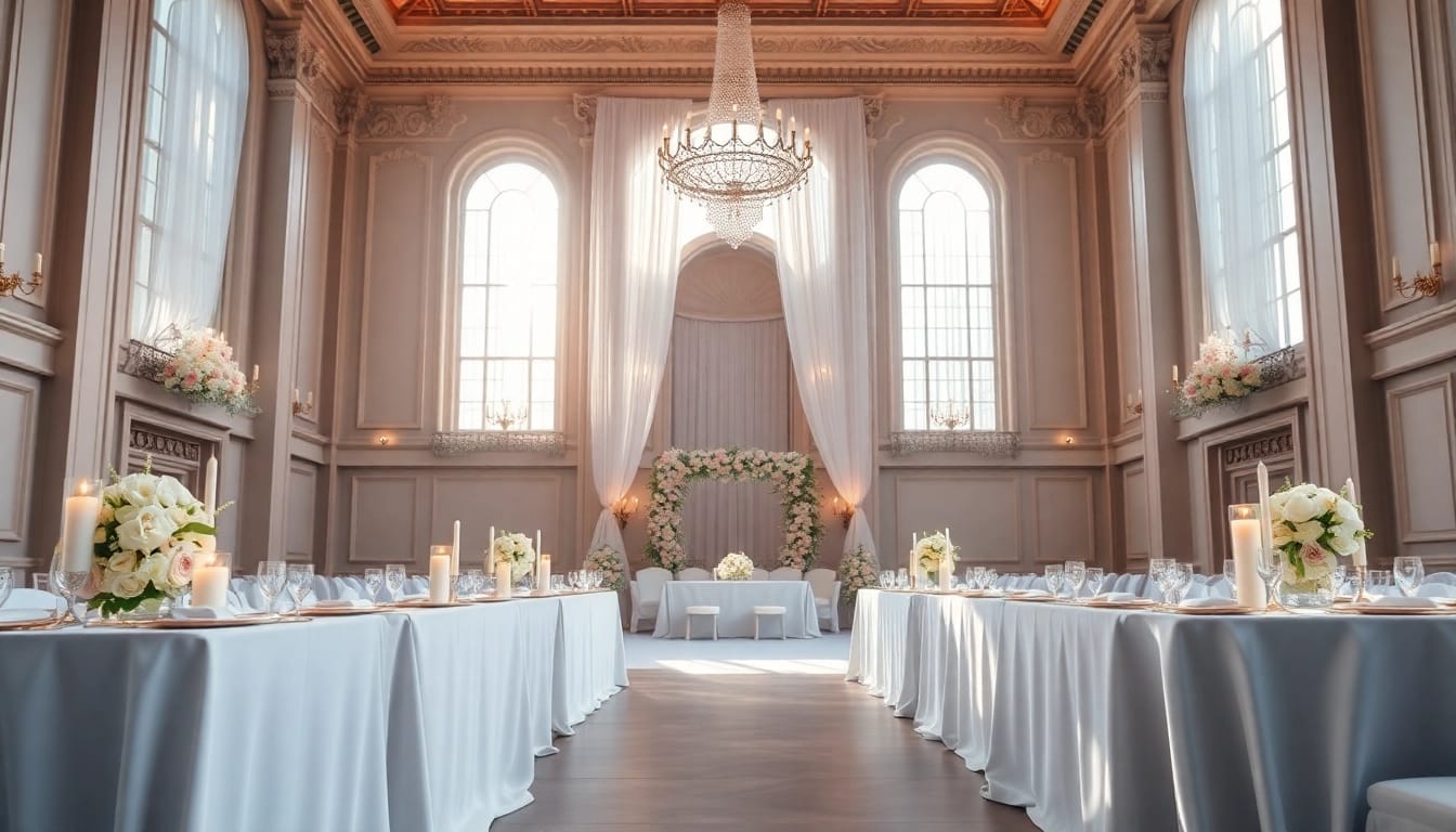 A stunning Wedding Event Space Jacksonville with elegant decor and warm lighting, perfect for weddings.