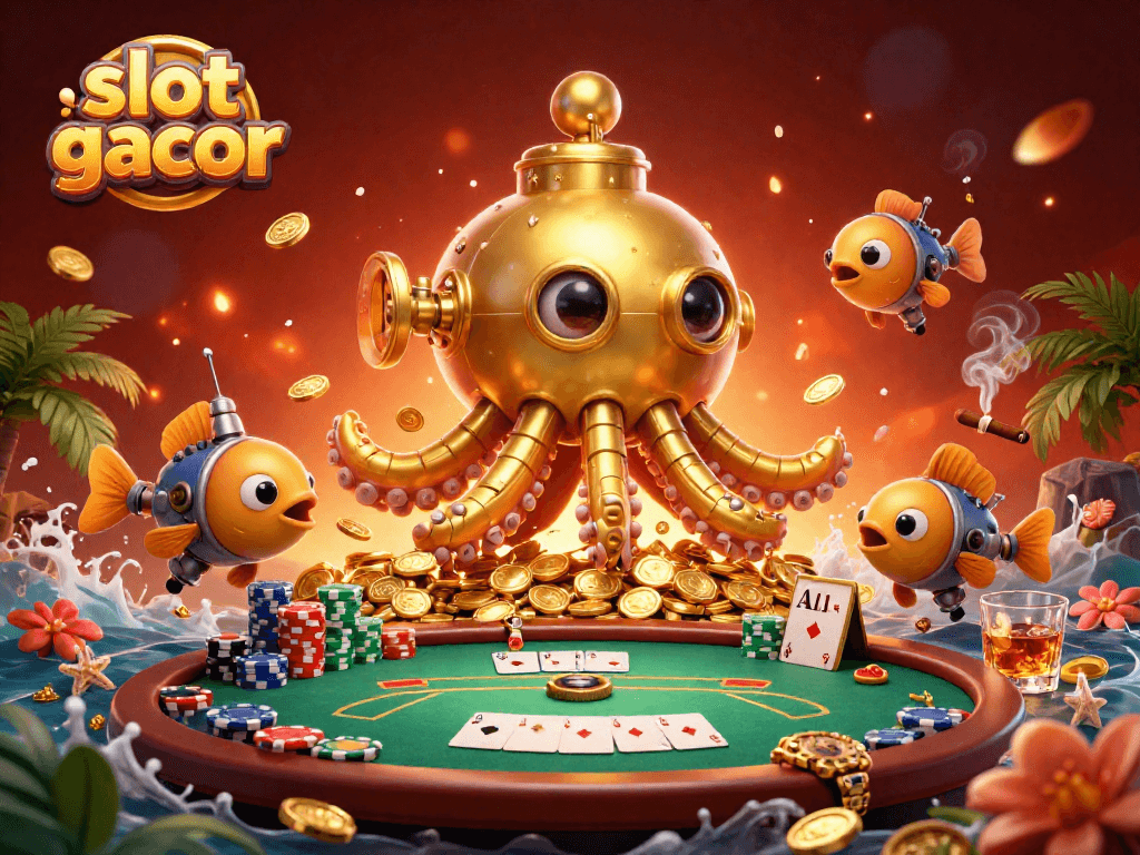 Engage with the vibrant slot gacor scene featuring a golden kraken, poker elements, and dynamic energy.