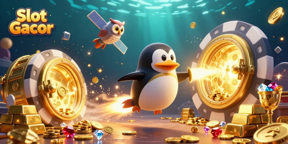 Experience Slot Gacor excitement with a golden penguin soaring past gleaming treasures in this vibrant casino scene.