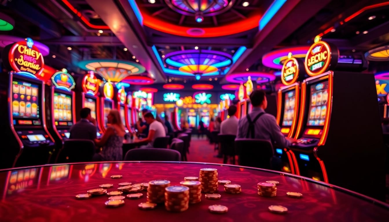Mencoba permainan slot depo 1k dengan mesin berwarna-warni di lingkungan kasino yang meriah.