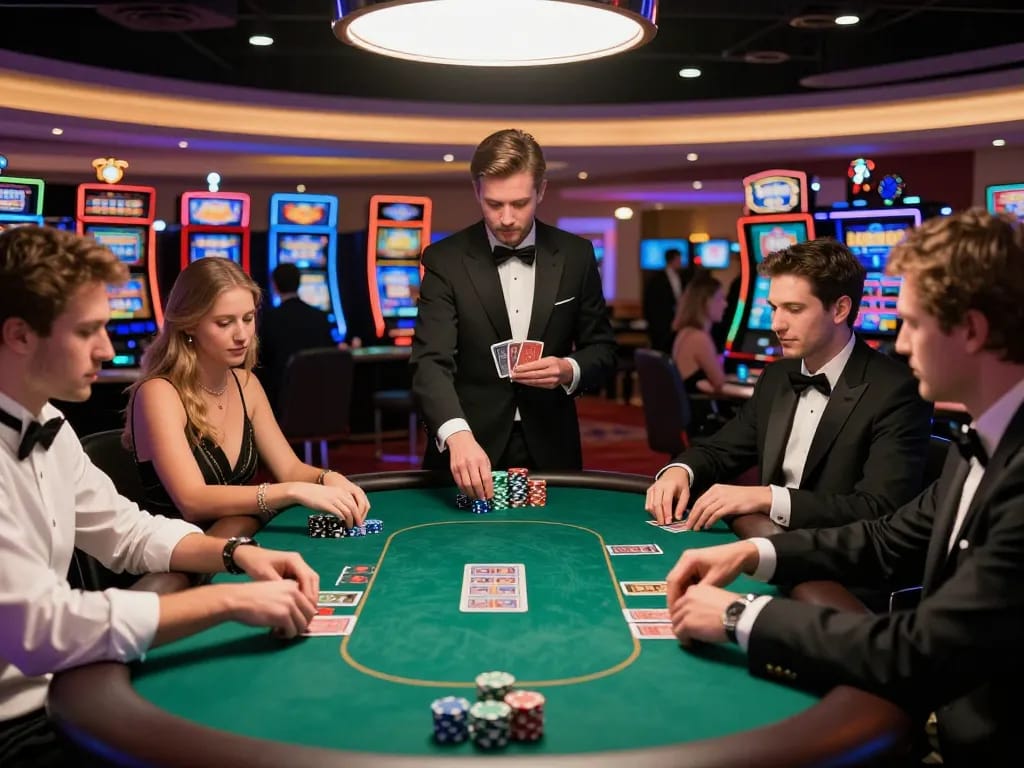 Players engaging in a thrilling poker game at 388bet casino with vibrant atmosphere