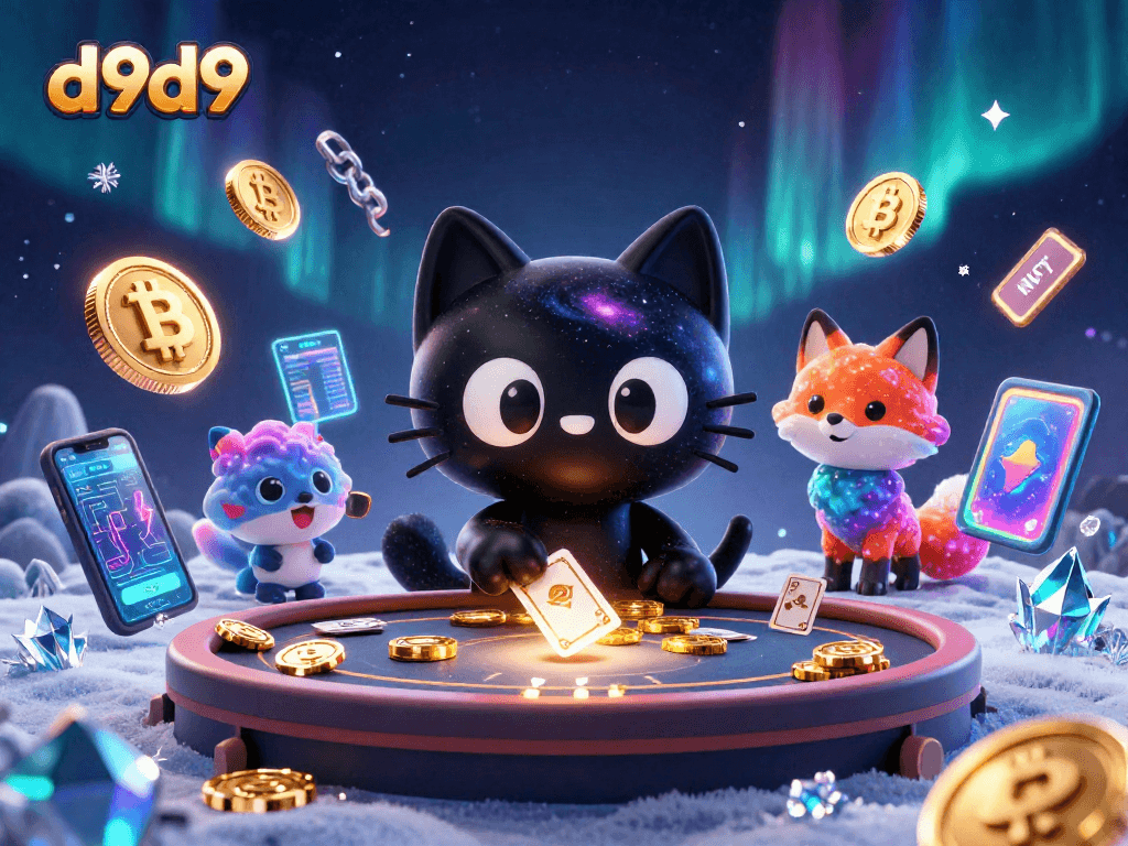 Sa d9d9, ilarawan ang isang cosmic casino na puno ng mga simbolo at pera mula sa mga cryptocurrency.