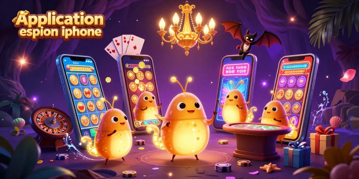 Plongez dans le monde des applications espion iPhone avec une ambiance de casino animée, illustrant des éléments de jeu captivants.