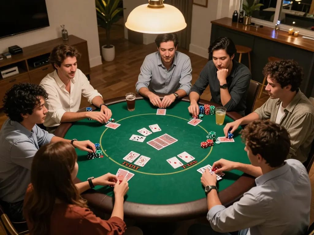 Players enjoy an engaging poker night at home, showcasing the strategic gameplay and social experience of 92slot.