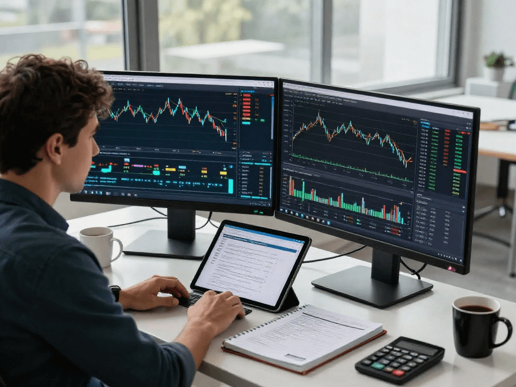 Trader using metatrader 5 on dual monitors with charts and indicators, focused desk setup.