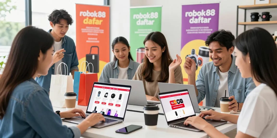 Shoppers enthusiastically engaging in online flash sale, highlighting rokok88 daftar.