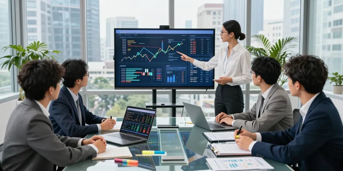 Team analyzing data and strategies for asset tracing in a modern office.