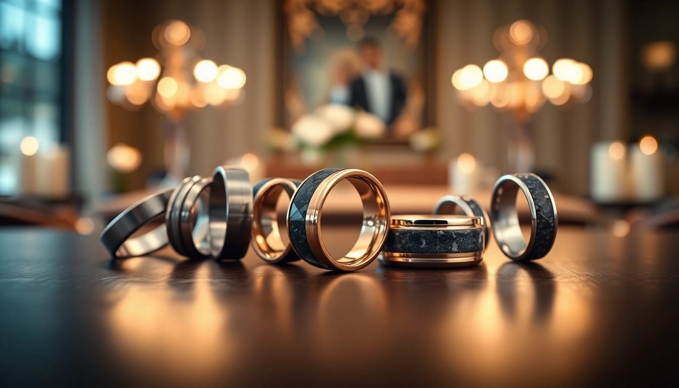Showcase unique wedding bands for men with intricate designs emphasizing craftsmanship.