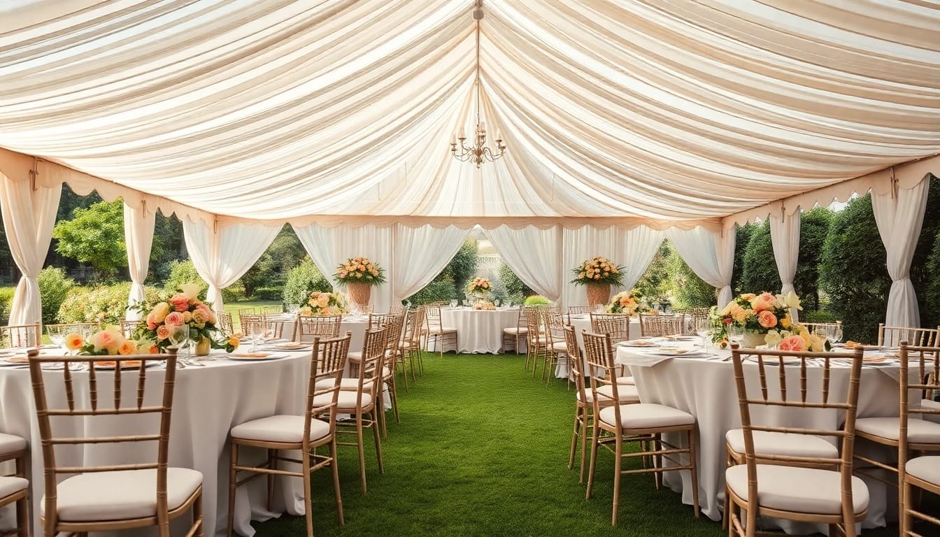 Experience exquisite Wedding Tent Chair & Table Rentals in a beautiful outdoor garden setting.