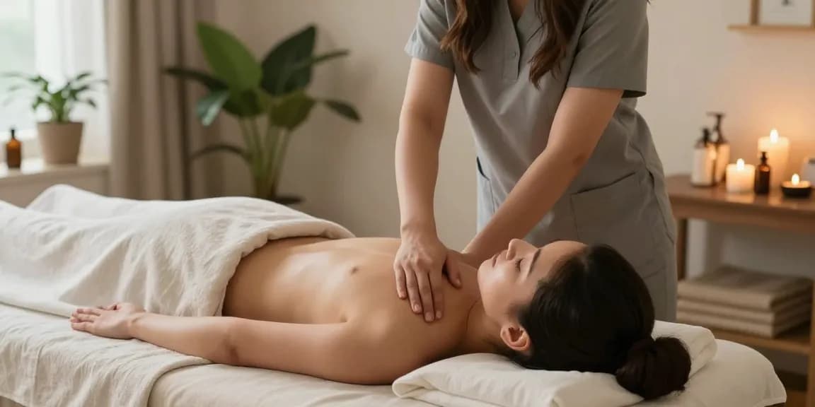 정왕동출장안마 서비스를 제공하는 마사지 씬, 아늑한 분위기의 마사지 테이블에서 고객에게 마사지를 제공하는 전문 테라피스트