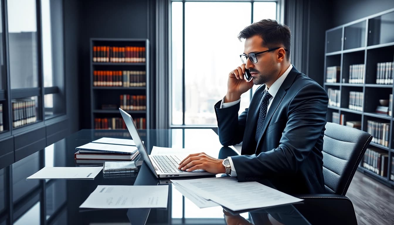 Intellectual property lawyer working diligently in a modern office environment.