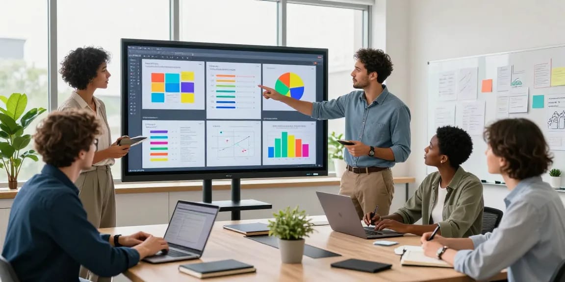 Diverse team collaborating on a digital mixboard in a modern workspace, showcasing vibrant visual concepts and project timelines.