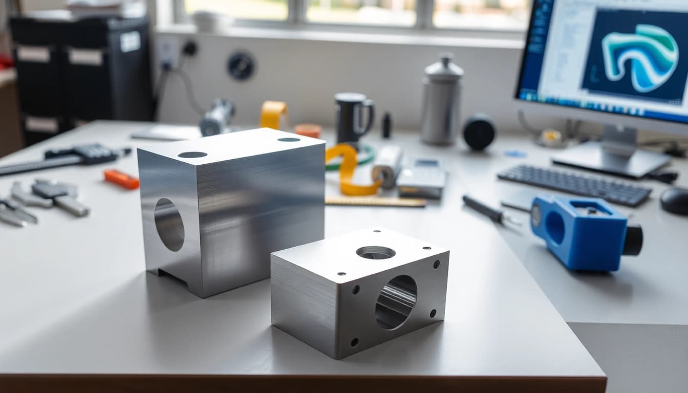 Showcasing aluminum prototypes on a modern workbench with tools, highlighting craftsmanship.