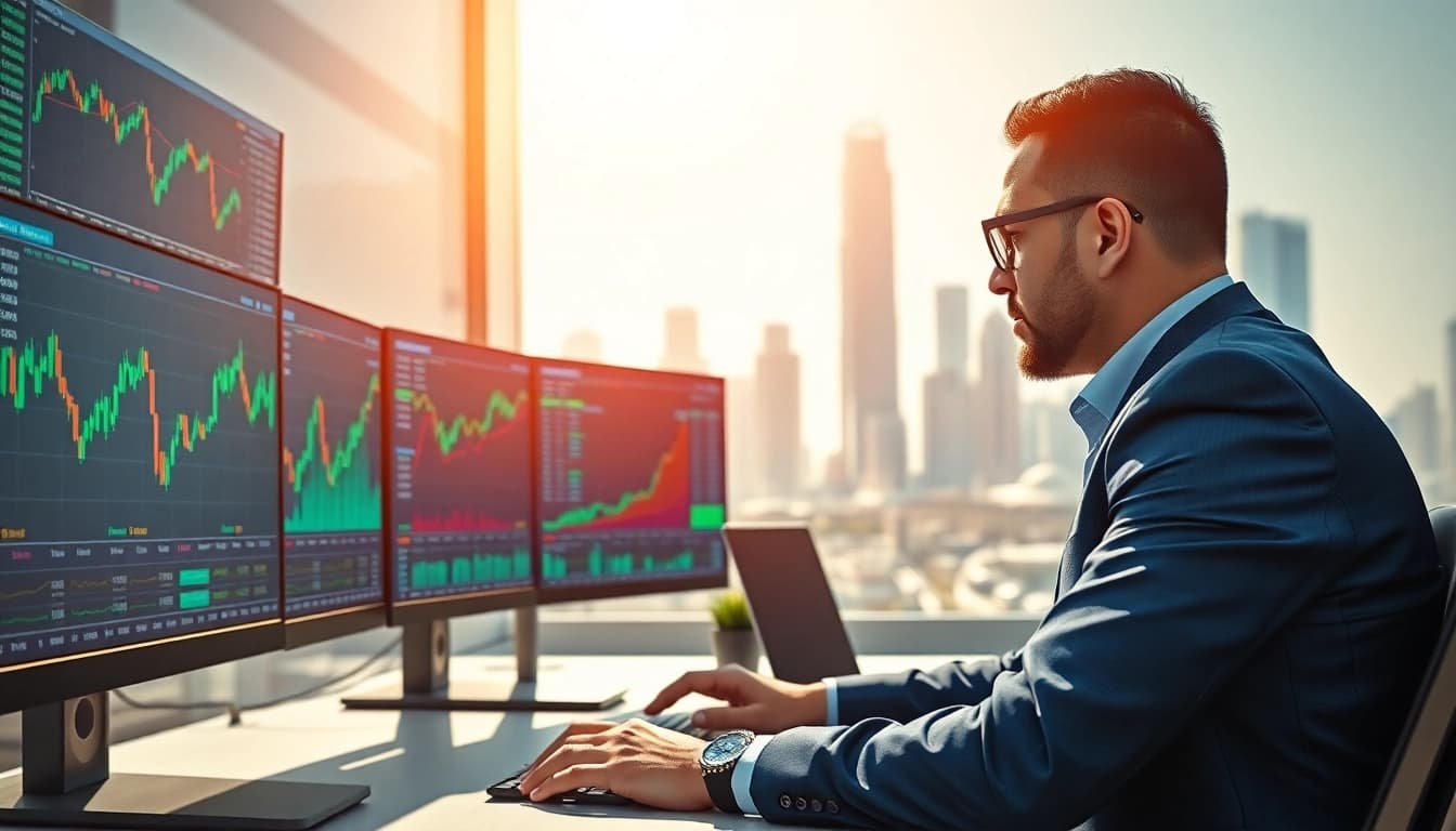 Engaged professional analyzing real time stock trading In Saudi Arabia data on multiple screens.
