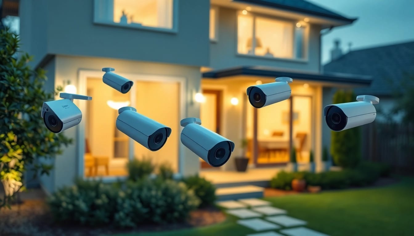 Cámaras EZVIZ ubicadas alrededor de una casa moderna, que destacan características de seguridad avanzadas.