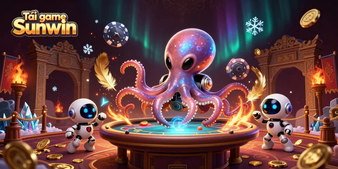 Tải game Sunwin and experience stellar gaming with a quirky alien octopus and robot duo at a poker table.