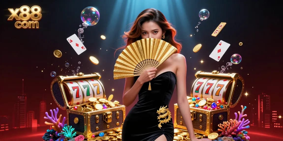 Experience the thrills of winning at x88 com with a captivating Asian dealer in a rich casino scene filled with slot game excitement.
